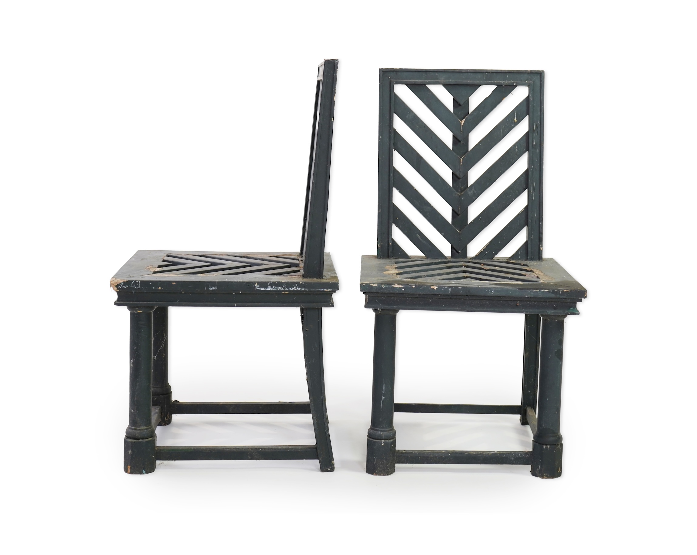 A set of fourteen green painted beech garden chairs, designed by Emilio Terry for the Theatre de Verdue, Chateau De Groussay